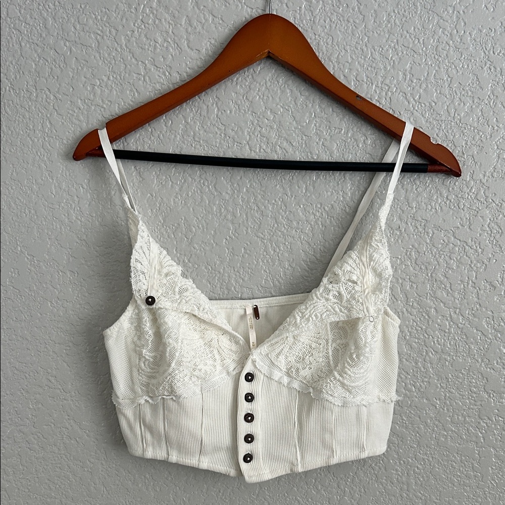 Free People White Lace Button-Up Crop Top